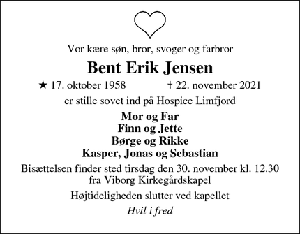 Dødsannoncen for Bent Erik Jensen - Viborg 