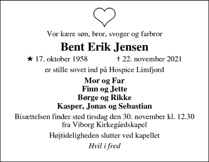 Dødsannoncen for Bent Erik Jensen - Viborg