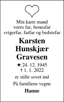 Dødsannoncen for Karsten
Hunskjær
Gravesen - Ravnstrup