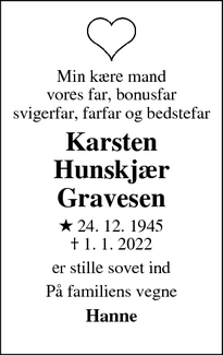 Dødsannoncen for Karsten
Hunskjær
Gravesen - Ravnstrup