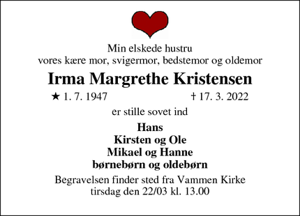 Dødsannoncen for Irma Margrethe Kristensen - Vammen