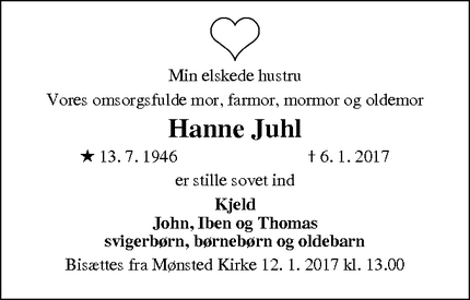 Dødsannoncen for Hanne Juhl - Mønsted