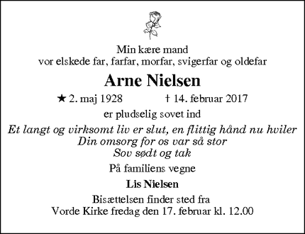 Dødsannoncen for Arne Nielsen - Kølsen