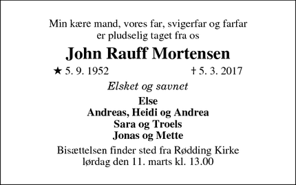 Dødsannoncen for John Rauff Mortensen - Pederstrup, 8830 Tjele