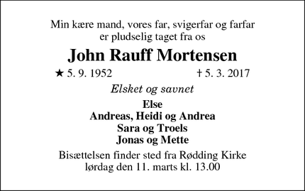Dødsannoncen for John Rauff Mortensen - Pederstrup, 8830 Tjele