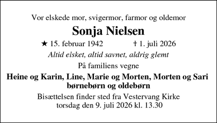 Dødsannoncen for Sonja Nielsen - Viborg