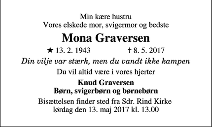 Dødsannoncen for Mona Graversen - Sønder Rind