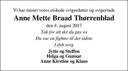 Dødsannoncen for Anne Mette Braad Thørrenblad - Viborg