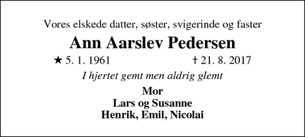 Dødsannoncen for Ann Aarslev Pedersen - Rødkærsbro