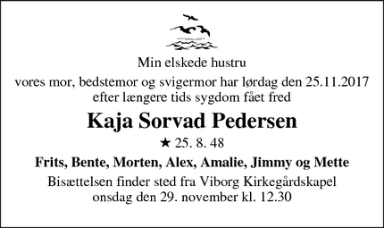 Dødsannoncen for Kaja Sorvad Pedersen - Viborg