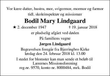 Dødsannoncen for Bodil Mary Lindgaard - Mammen  