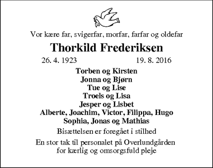 Dødsannoncen for Thorkild Frederiksen - Viborg