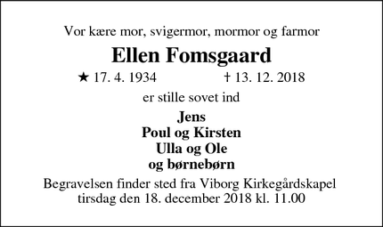 Dødsannoncen for Ellen Fomsgaard - Viborg