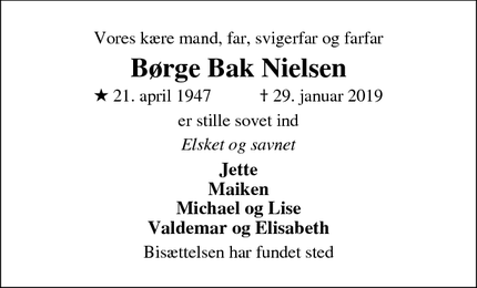 Dødsannoncen for Børge Bak Nielsen - Rødding