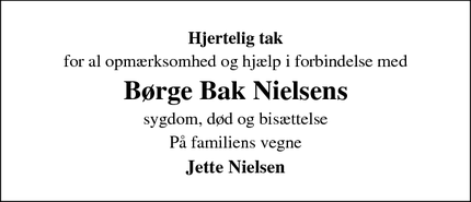 Dødsannoncen for Børge Bak Nielsens - Rødding