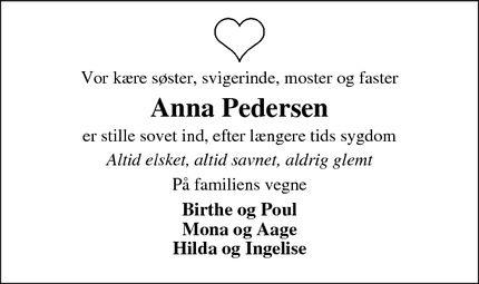 Dødsannoncen for Anna Pedersen - Vammen- Tjele