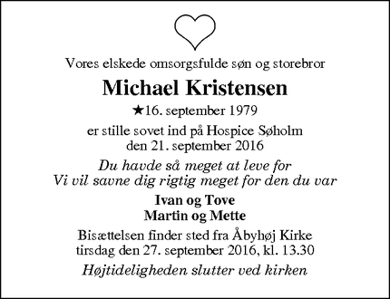 Dødsannoncen for Michael Kristensen - Åbyhøj