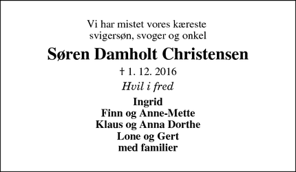 Dødsannoncen for Søren Damholt Christensen - Egeris