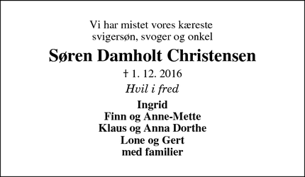 Dødsannoncen for Søren Damholt Christensen - Egeris