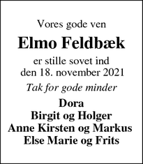 Dødsannoncen for Elmo Feldbæk - Spjald