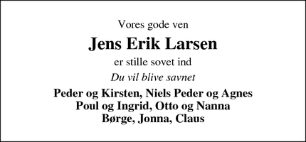Dødsannoncen for Jens Erik Larsen - Videbæk