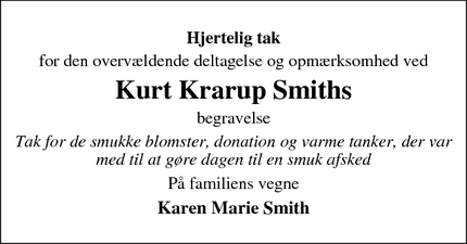 Dødsannoncen for Kurt Krarup Smiths - Spjald