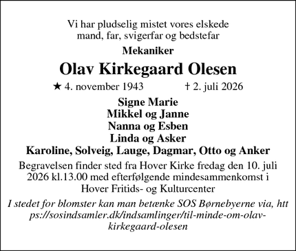 Dødsannoncen for Olav Kirkegaard Olesen - Hover
