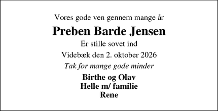 Dødsannoncen for Preben Barde Jensen - Vorgod Barde