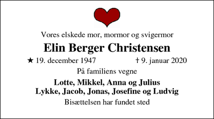 Dødsannoncen for Elin Berger Christensen - Charlottenlund