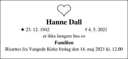 Dødsannoncen for Hanne Dall - Gentofte