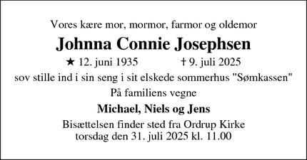 Dødsannoncen for Johnna Connie Josephsen - Helsinge