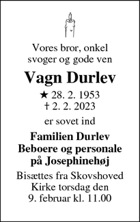 Dødsannoncen for Vagn Durlev - Charlottenlund