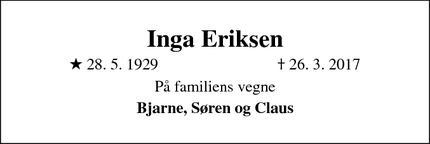 Dødsannoncen for Inga Eriksen - Hellerup
