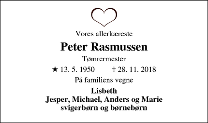 Dødsannoncen for Peter Rasmussen - Sevel