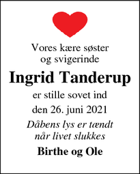 Dødsannoncen for Ingrid Tanderup - Vinderup
