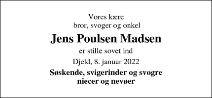 Dødsannoncen for Jens Poulsen Madsen - Djeld