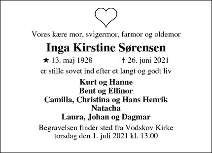 Dødsannoncen for Inga Kirstine Sørensen - Vodskov