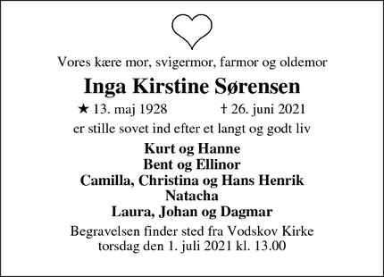 Dødsannoncen for Inga Kirstine Sørensen - Vodskov