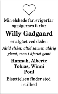 Dødsannoncen for  Willy Gadgaard - Esbjerg