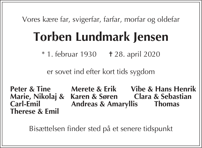 Dødsannoncen for Torben Lundmark Jensen - Århus