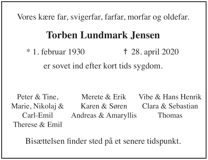 Dødsannoncen for Torben Lundmark Jensen - Århus