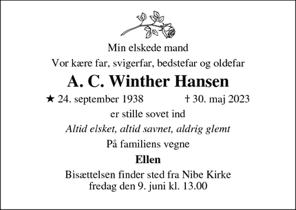 Dødsannoncen for A. C. Winther Hansen - Nibe