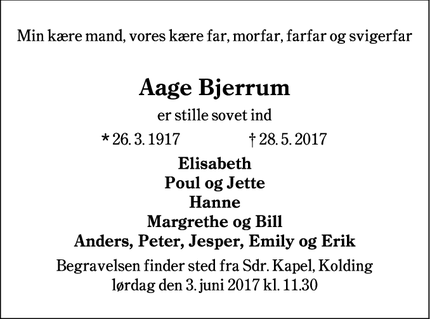 Dødsannoncen for Aage Bjerrum - Kolding