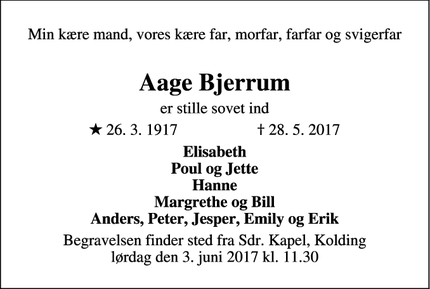 Dødsannoncen for Aage Bjerrum - Kolding
