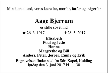 Dødsannoncen for Aage Bjerrum - Kolding