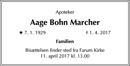 Dødsannoncen for Aage Bohn Marcher - Farum