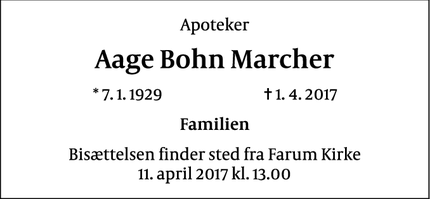 Dødsannoncen for Aage Bohn Marcher - Farum