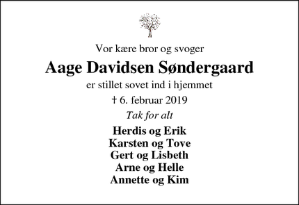 Dødsannoncen for Aage Davidsen Søndergaard - Karup J