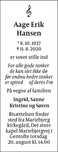 Dødsannoncen for Aage Erik Hansen - Trørød