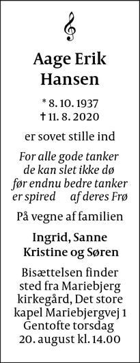 Dødsannoncen for Aage Erik Hansen - Trørød